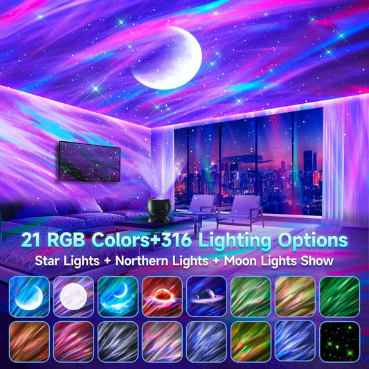 Galaxy Projector for Bedroom, 21Colors Northern Lights,15White Noise&Bluetooth Star Projector Galaxy Lights, Remote Ambient Lighting,Aurora Christmas Decor Room,Gifts for Kids,Adults