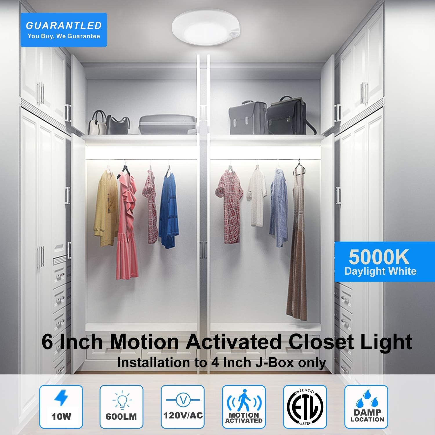 Closet Lights Motion Sensored, LED Closet Light Motion Activated, 5000K Daylight 6-7/8 Inch 10W Motion Sensor Ceiling Light, Closet Lights Wired, Pantry Light 90CRI, No Battery, Damp Rated ETL