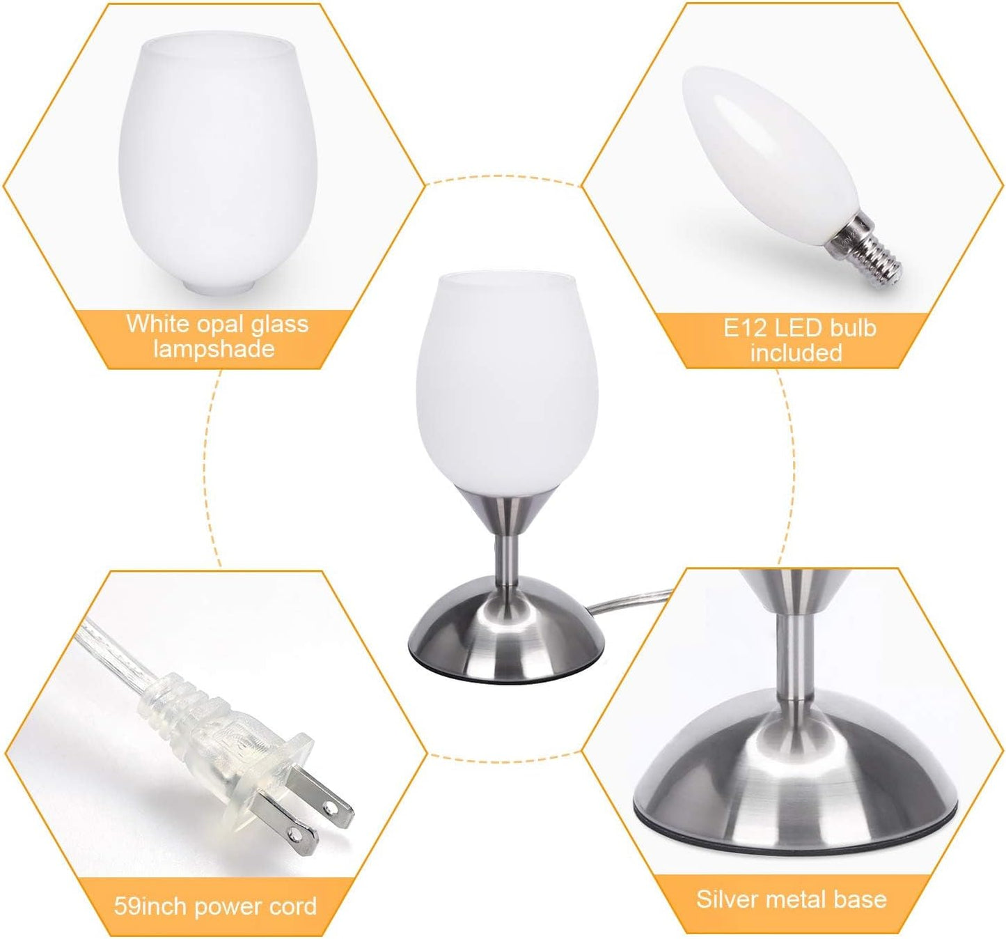 Small Touch Lamp for Bedroom Nightstand, 3-Way Dimmable Bedside Lamps Opal Glass Desk Lamp Silver Base, Tiny Table Lamp for Small Spaces Ambient Lighting for Living Room, E12 Bulb Included